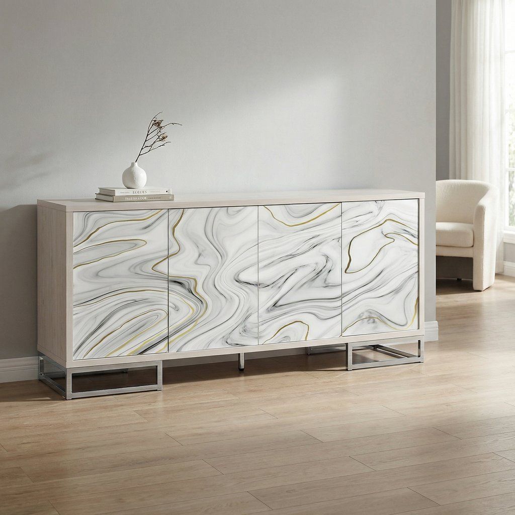 Console Cabinet Sideboard Storage Unit with White Marble Top 65x16in White