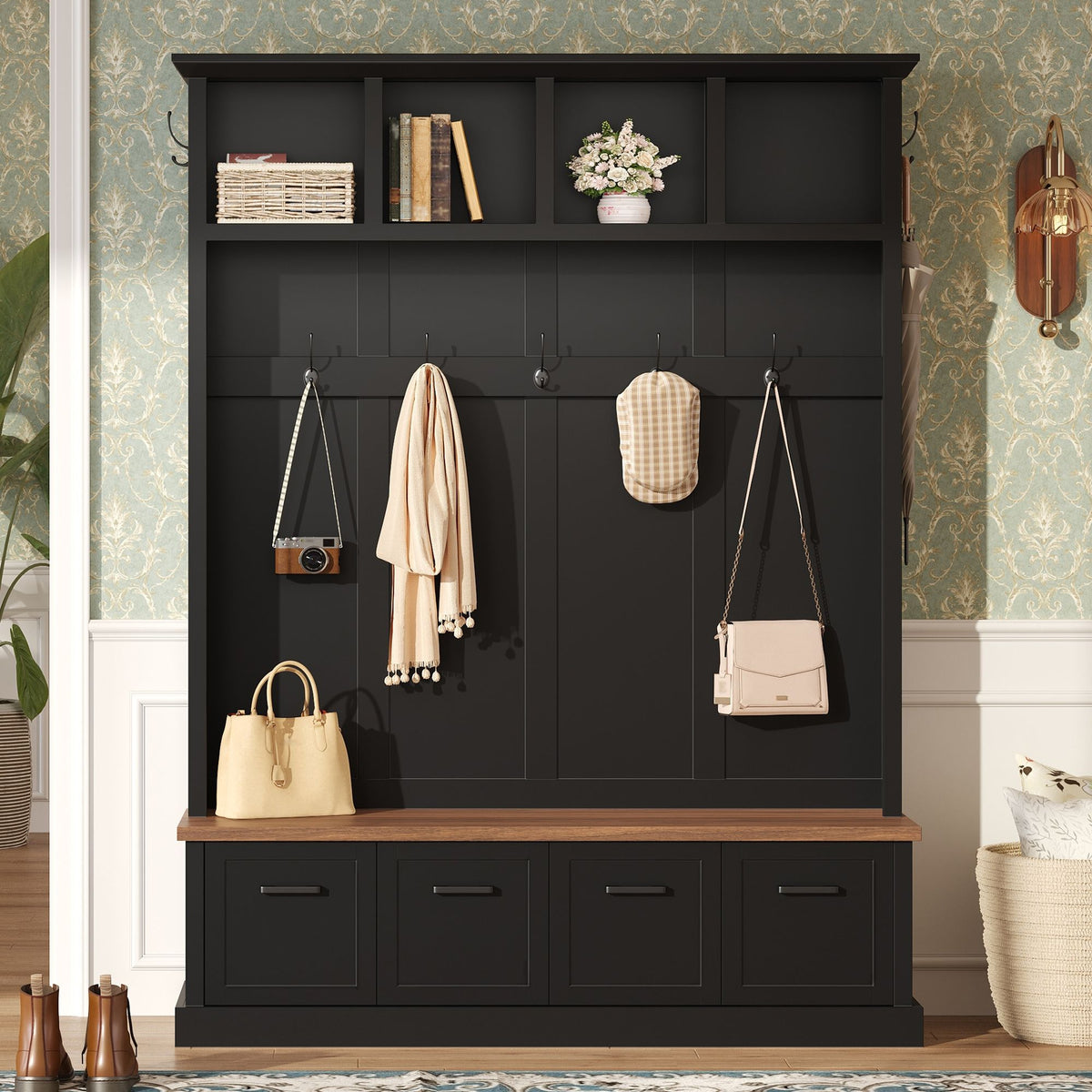 Hall Tree With Storage Bench Mudroom Coat Rack With 6 Hooks