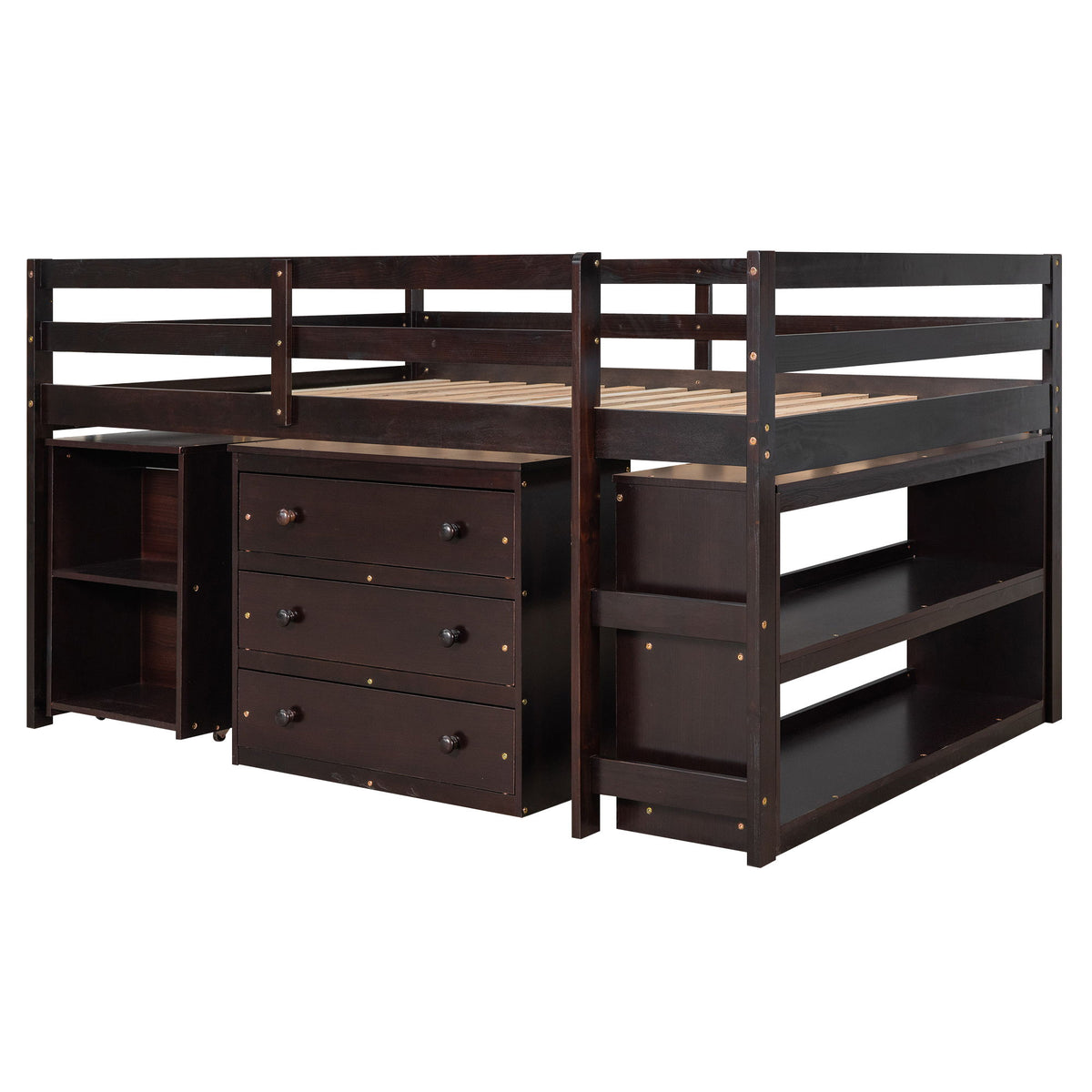 Loft Low Study Bed With Cabinet, Shelves And Rolling Portable Desk, Multiple Functions