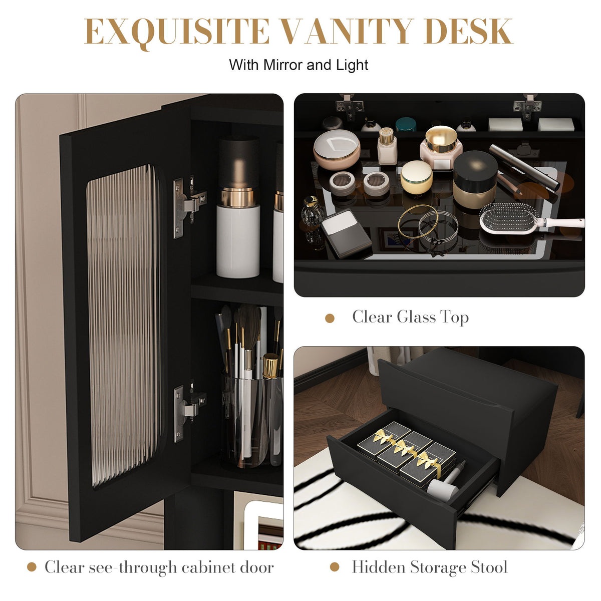 3 In 1 Vanity Table With LED Mirror & Storage Stool, Flip Top Makeup Dressing Table With Adjustable Lights, 5 Storage Spaces Cosmetic Organizer For Bedroom - Black