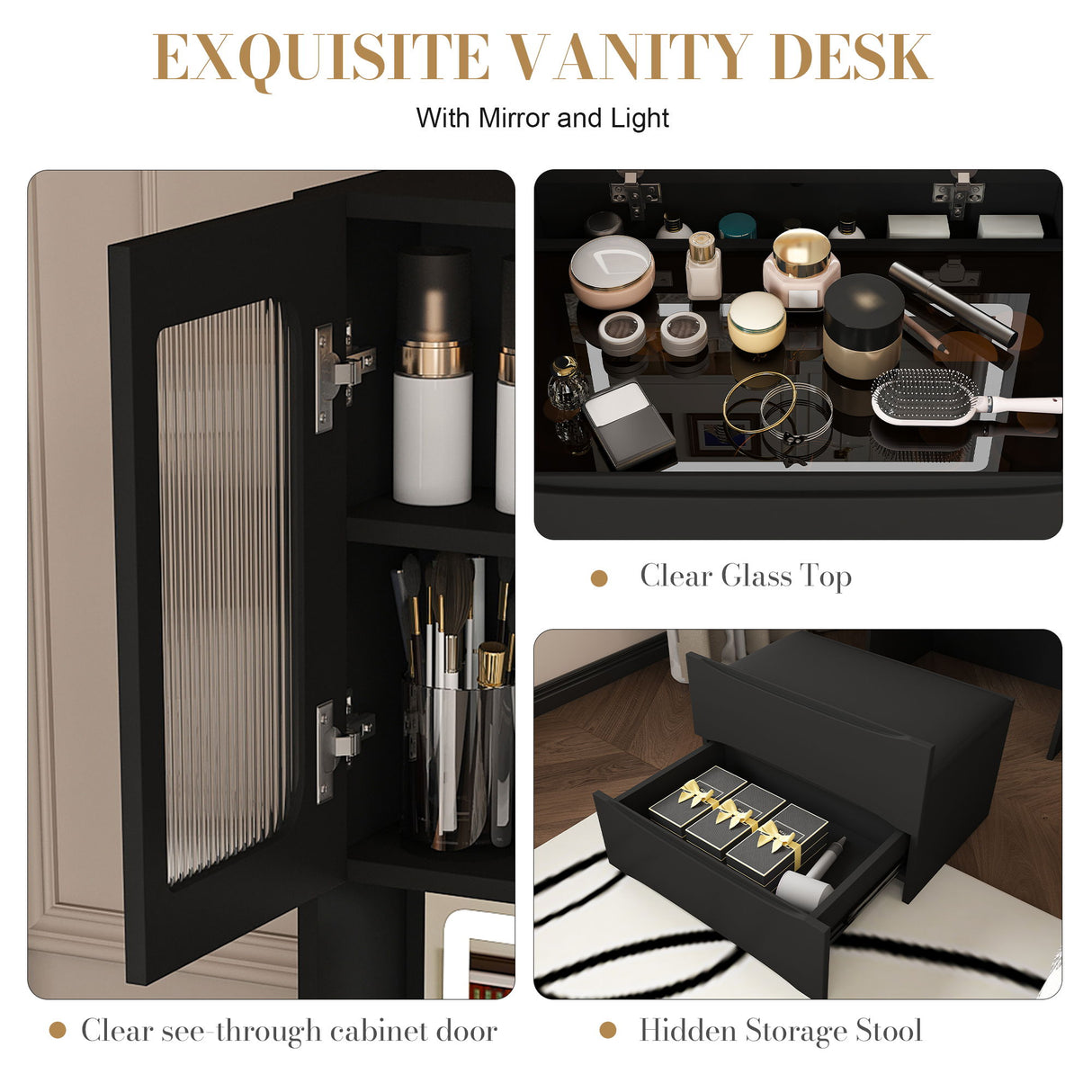 3 In 1 Vanity Table With LED Mirror & Storage Stool, Flip Top Makeup Dressing Table With Adjustable Lights, 5 Storage Spaces Cosmetic Organizer For Bedroom - Black