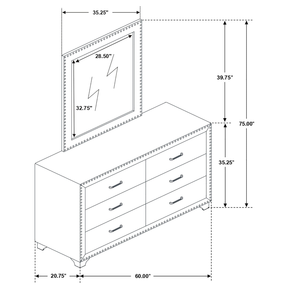 6 Drawer Upholstered Dresser With Mirror - Blue