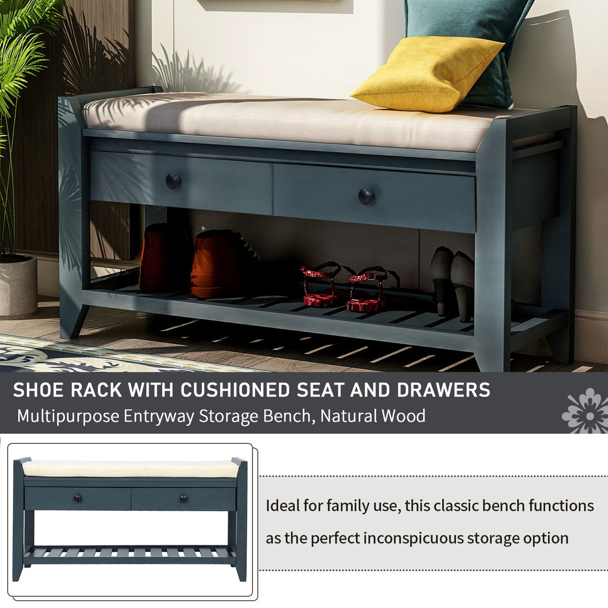 Multipurpose Entryway Shoe Rack With Cushioned Seat And Drawers