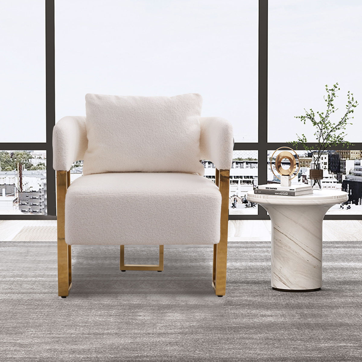 Modern Decorative Chair Teddy Fleece Upholstered And Metal Foot