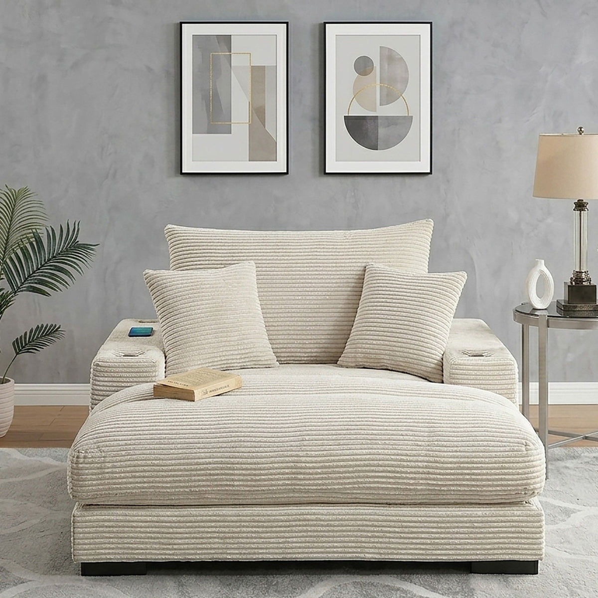 Upholstered Chaise Lounge With Cup Holders USB Port And Pillows