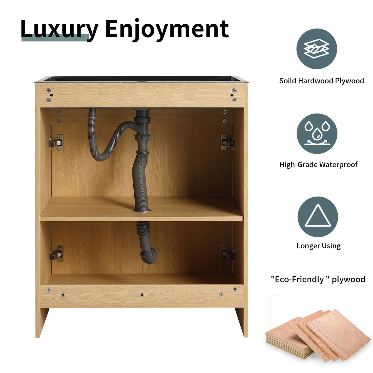 28" Freestanding Bathroom Vanity With Sink, Soft Close Doors - Oak