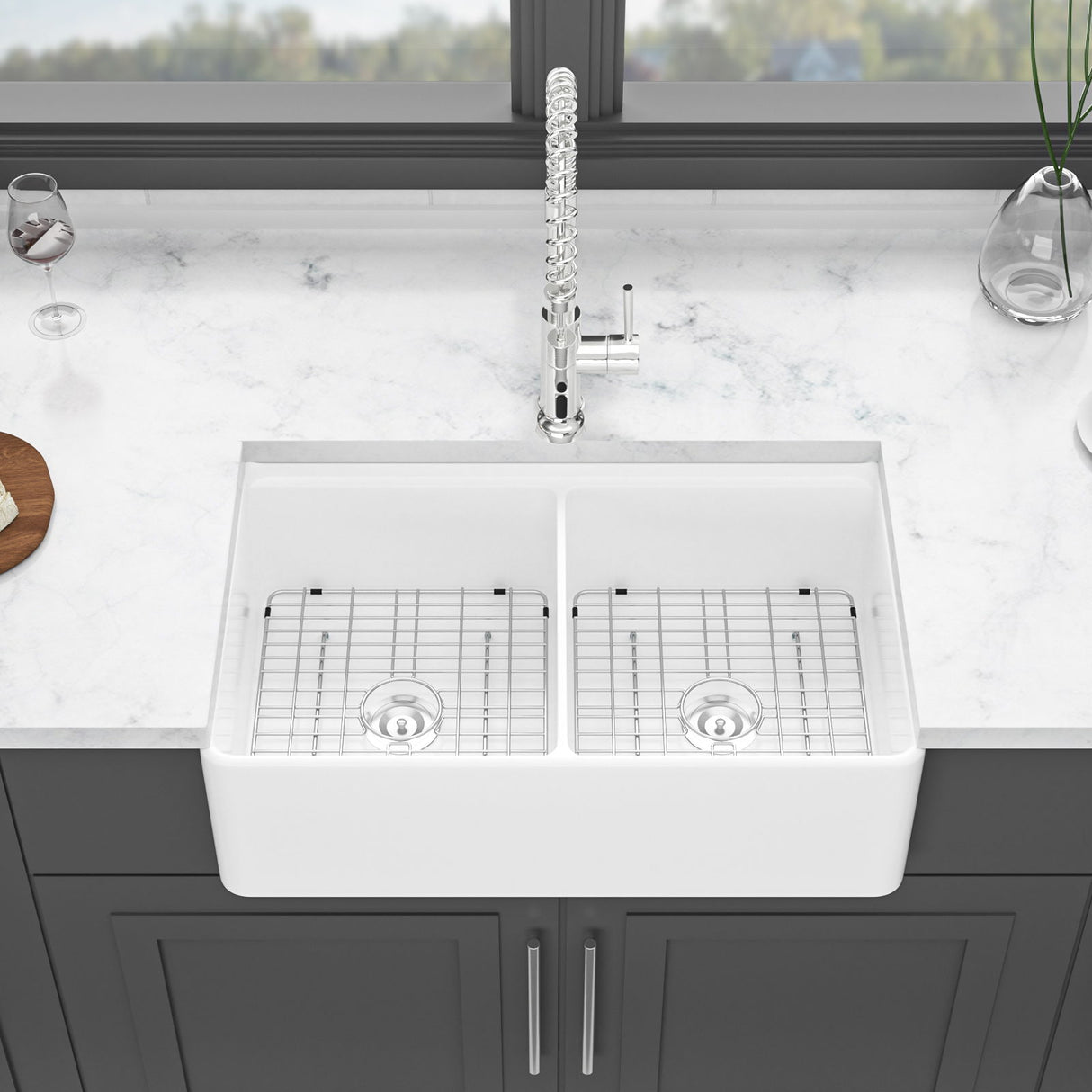 Double Bowl Sink Workstation 33" With Built In Work Surface And Accessories - White