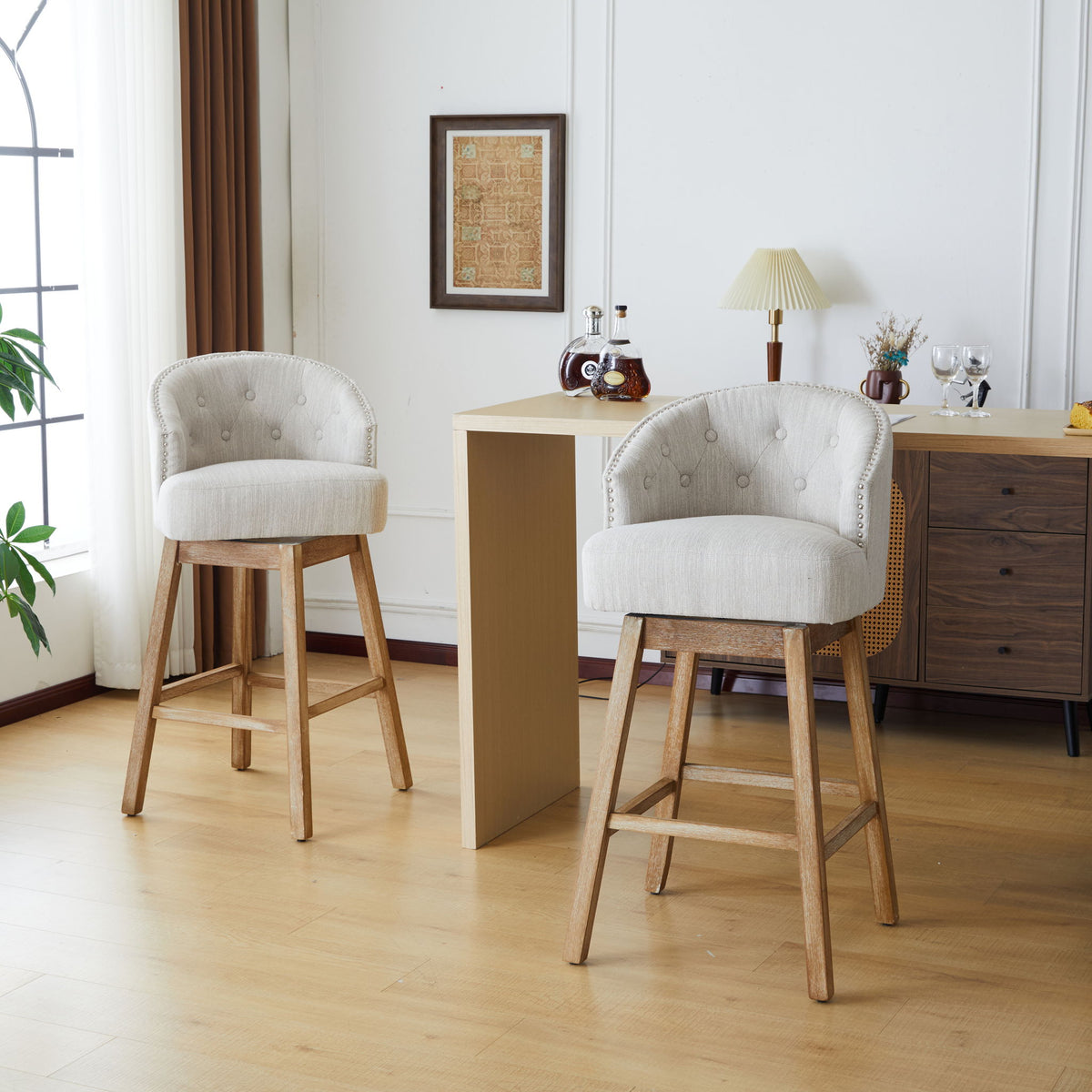 Swivel Counter Stools (Set of 2), Upholstered Counter Height Bar Stools With Solid Rubber Wood Frame, Backrest, Footrest, Armless Barstools For Home Bar, Kitchen Counter - Natural / Beige