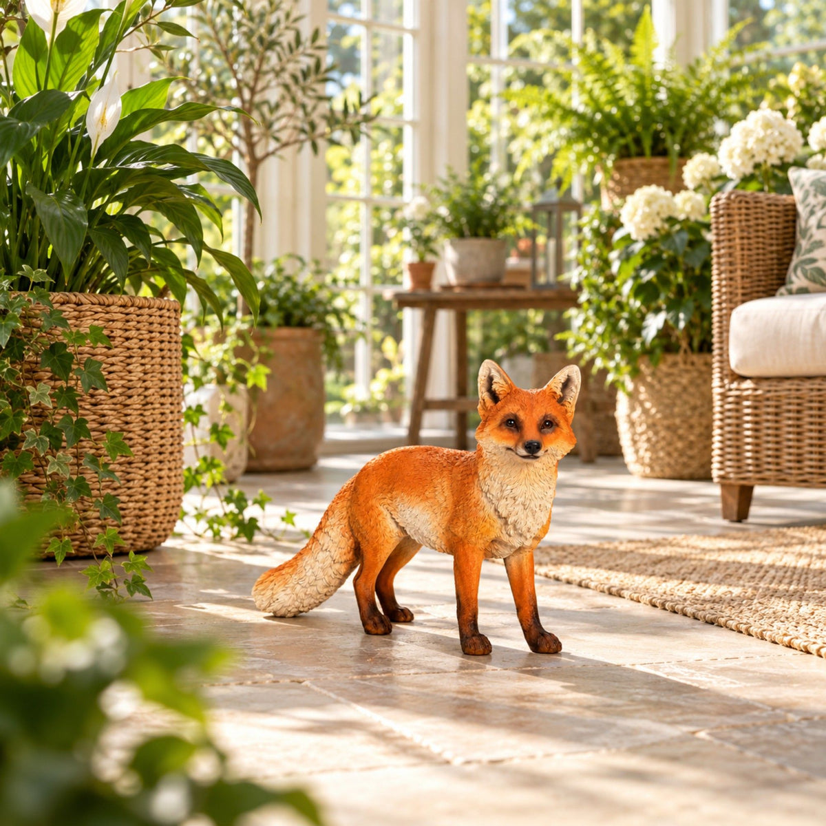 Realistic Red Fox Garden Statue, Wildlife Sculpture For Outdoor Decor - Brown