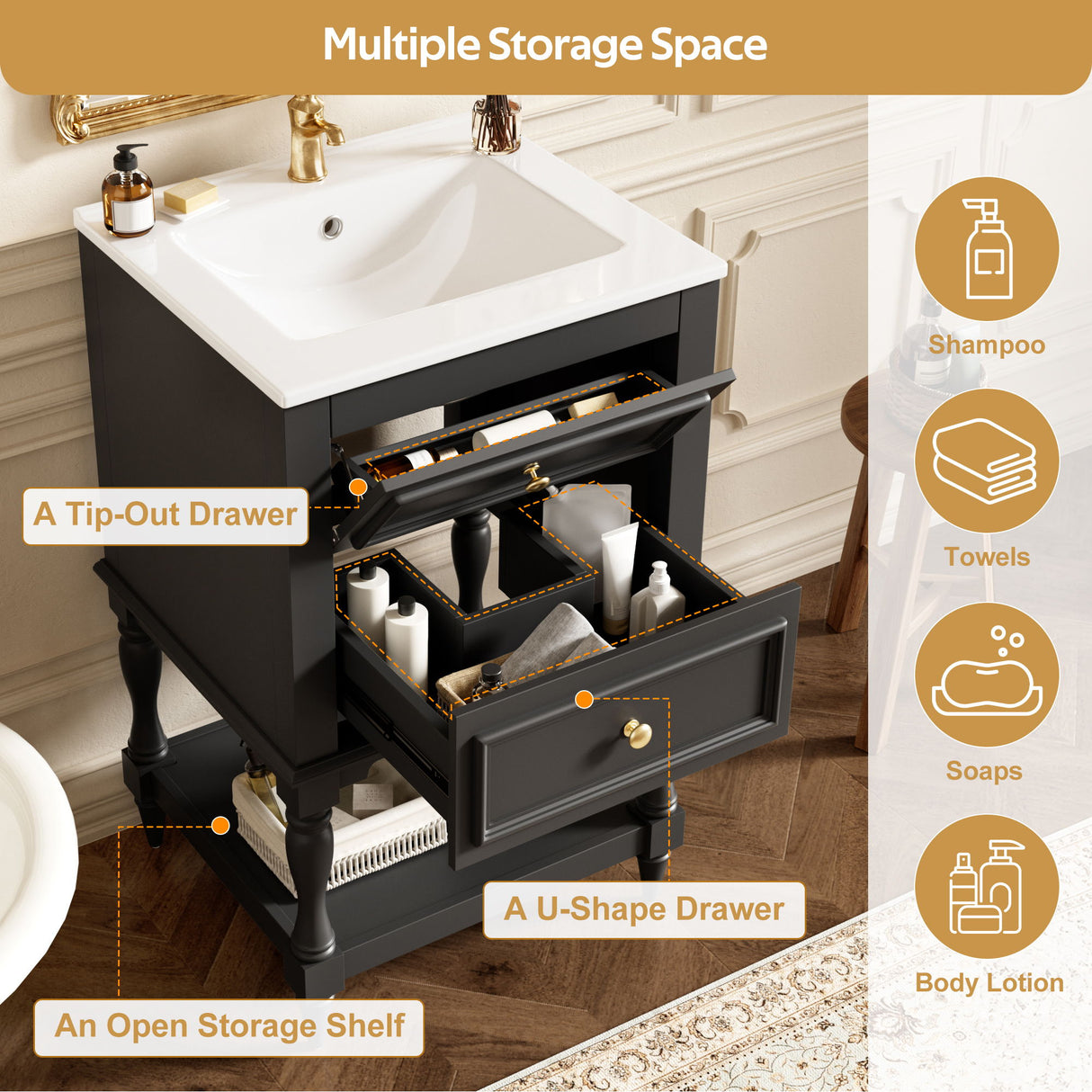 Retro Design Bathroom Vanity With Sink, 2 Drawer Storage Cabinet