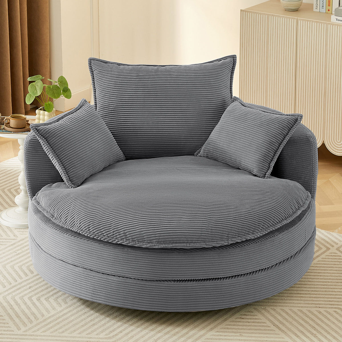 360° Swivel Accent Barrel Chair With Dual Layer Cushion And 3 Removable Pillows