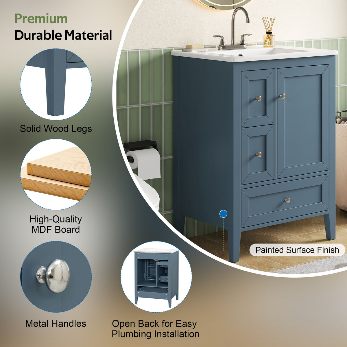 Modern Bathroom Vanity With Sink, Soft Close Drawers & Door, Storage Rack