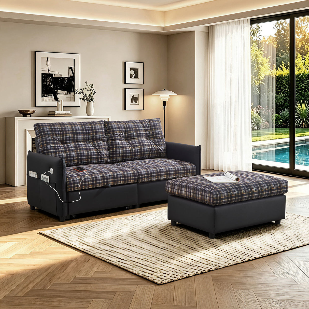 Sleeper Sofa, Expandable Sectional With Ottoman For Living Room