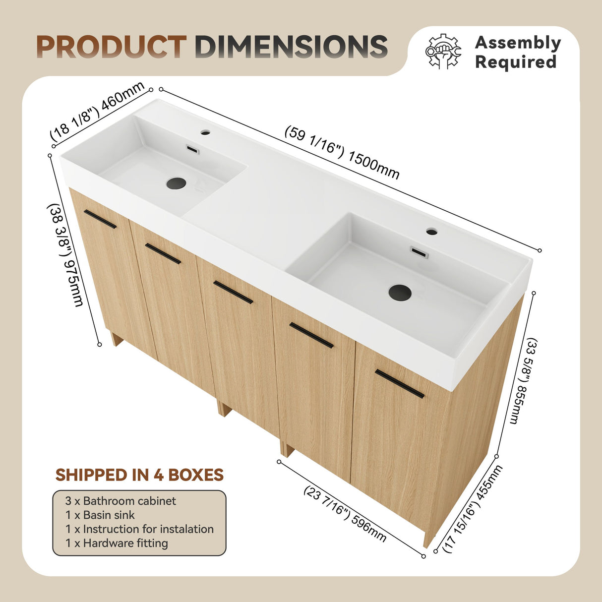 Double Sink Bathroom Vanity With Extra Large Storage, Integrated Sink, Freestanding Cabinet, Soft Close Doors - Glossy White / Light Oak