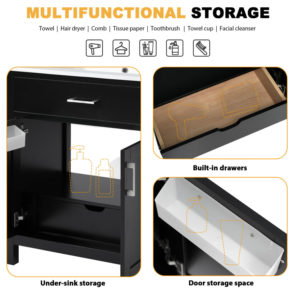 Bathroom Vanity With Sink And Ample Storage, Rectangular Undermount Sink - Black