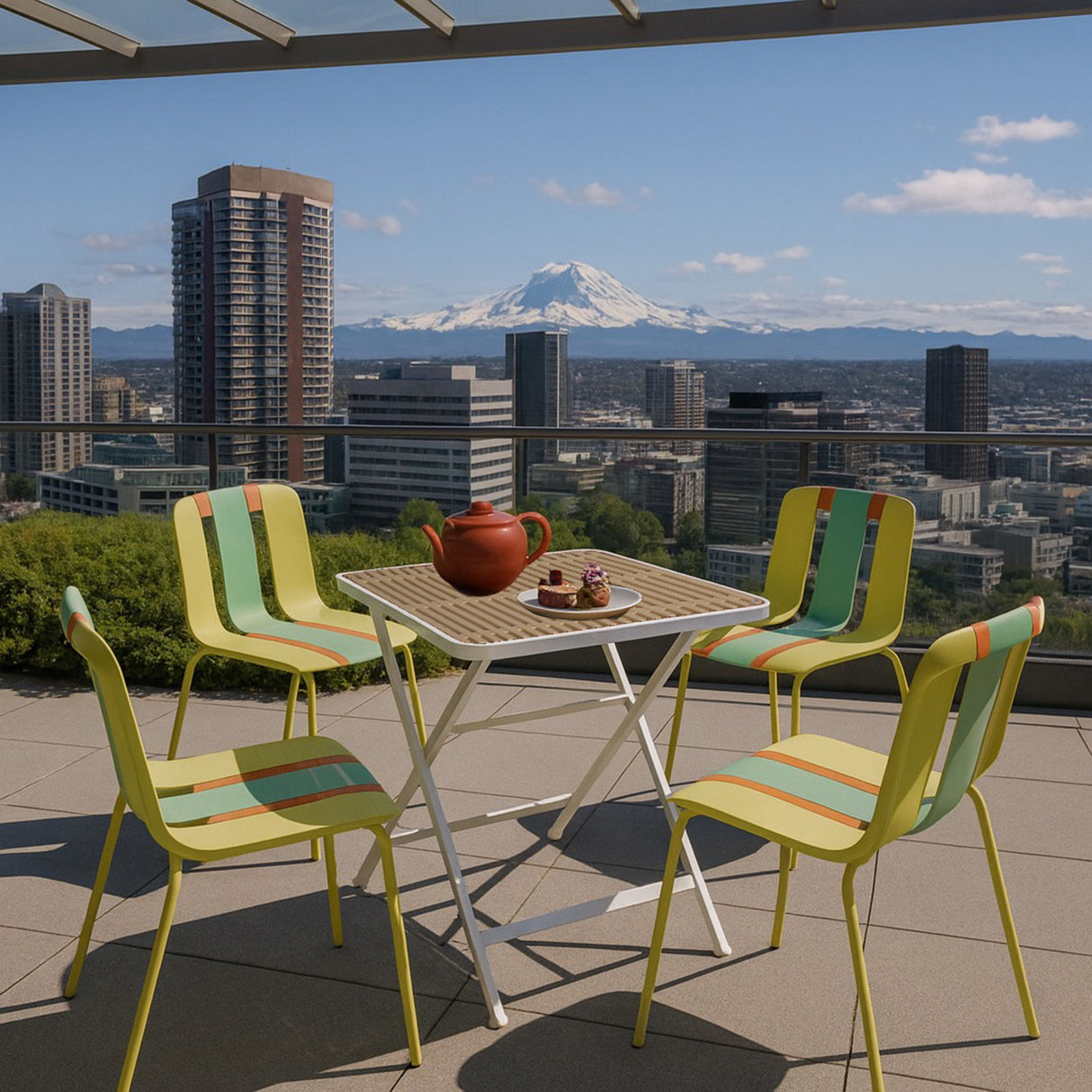 4 Piece Set Of Color Block Designed Single Chairs With Folding Square Table - Grain Yellow / Haze Green / Khaki / Tropical Orange / White