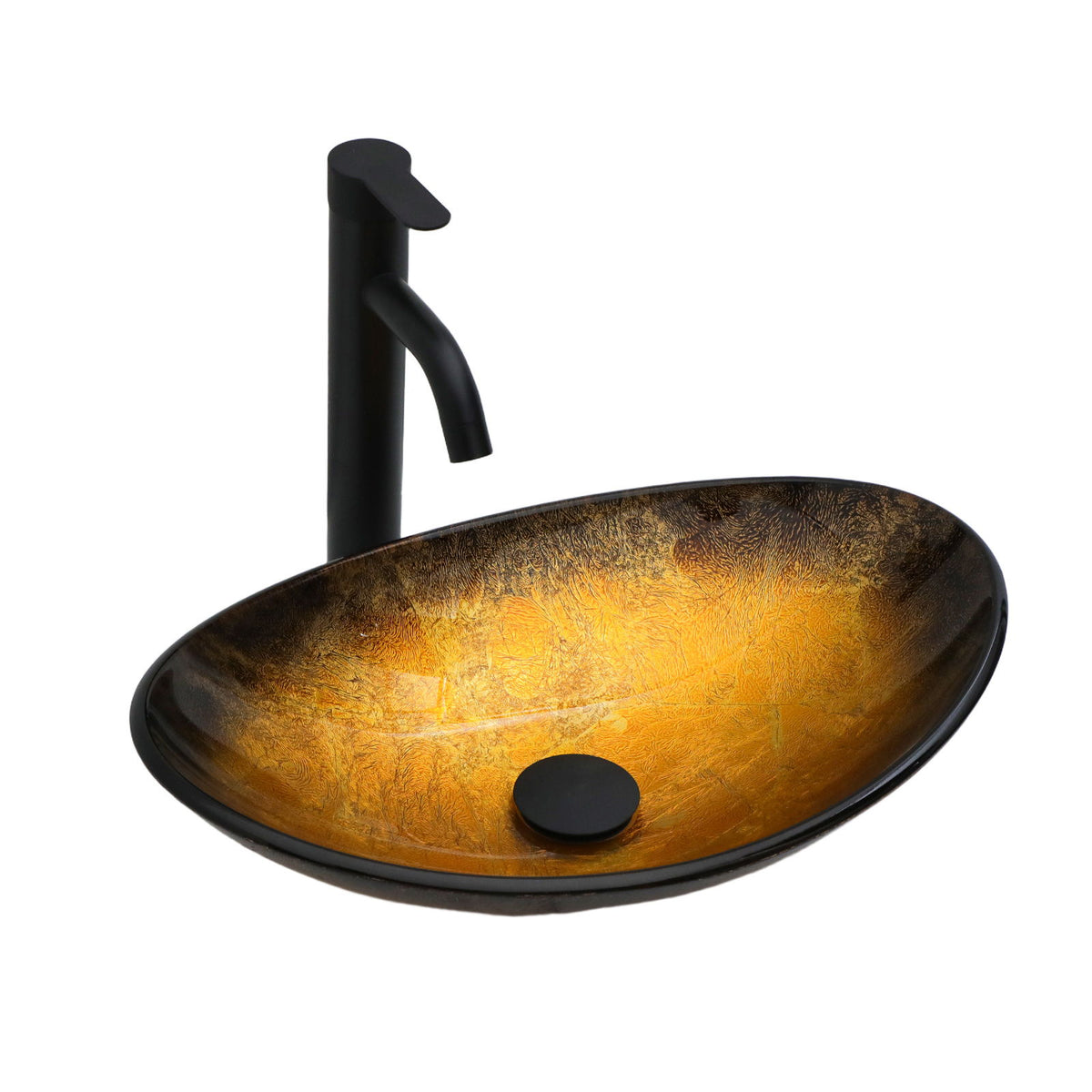 Veined Vessel Sink With Pop Up Drain, Boat Shape Bathroom Sink Above Counter - Gold