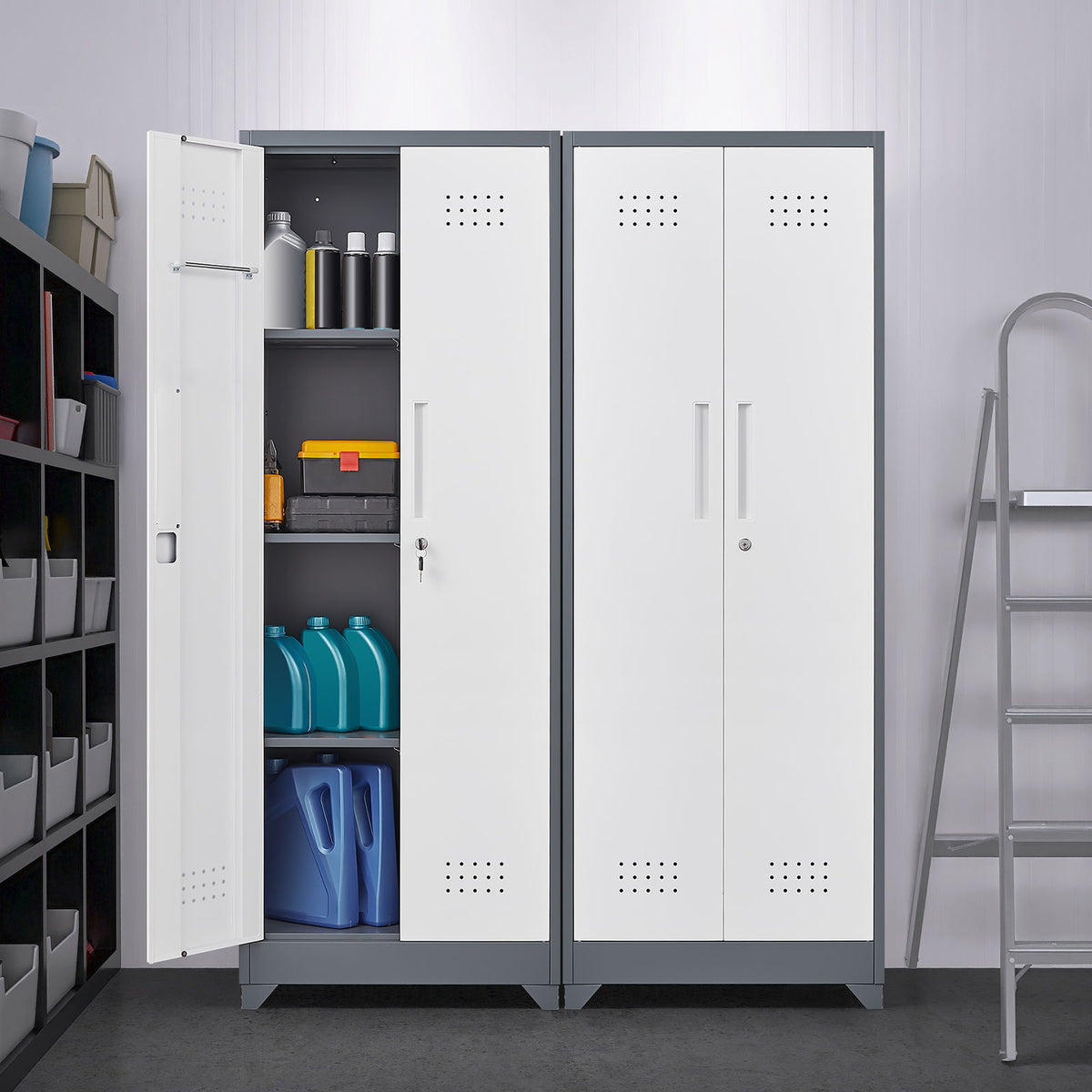Lockers With Locking Doors, Adjustable Shelves, High Broom Tool Storage Cabinet
