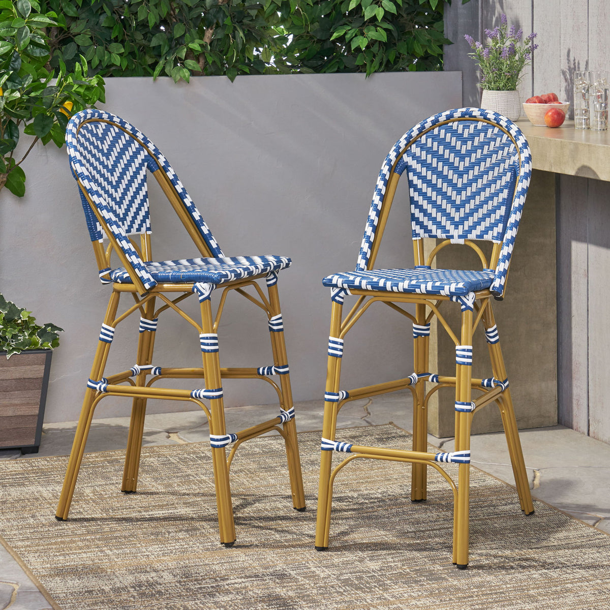 Outdoor Rattan French Barstool Set,, Bamboo, Seat Height - Navy Blue / White