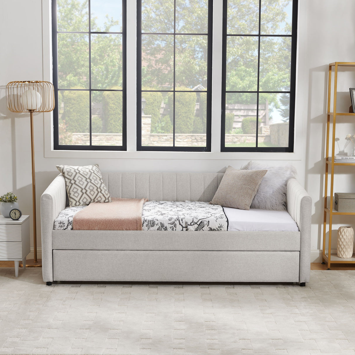 Upholstered Daybed With Trundle With Vertical Stripes