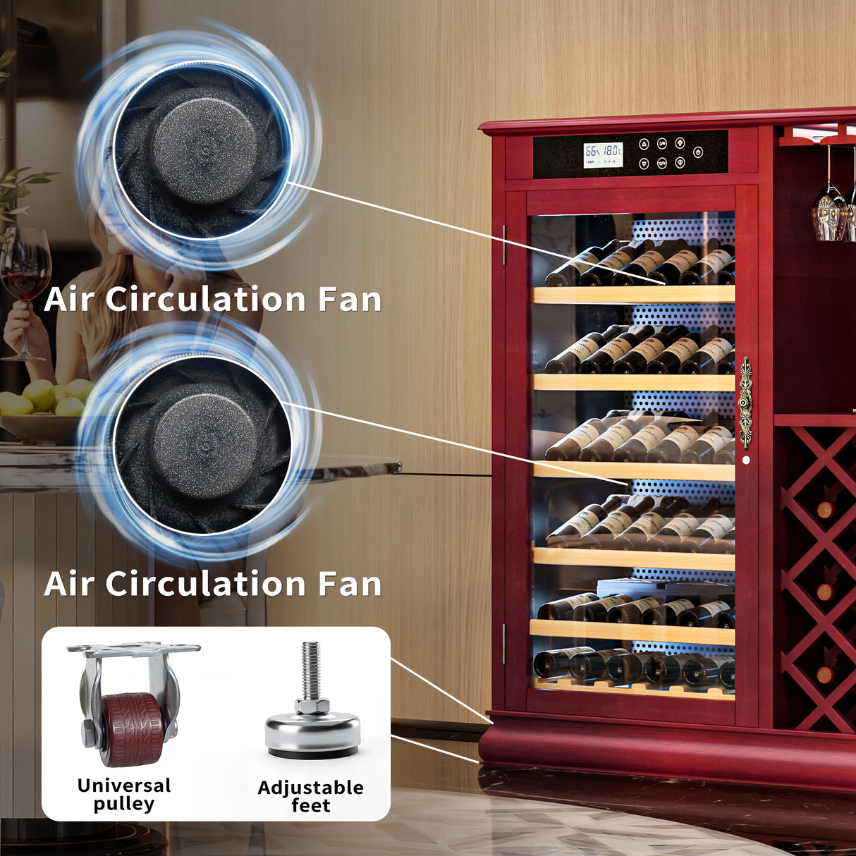 69 Bottle Wine Fridge With Touch Control, LED Lighting, Humidity Regulation - Cherry