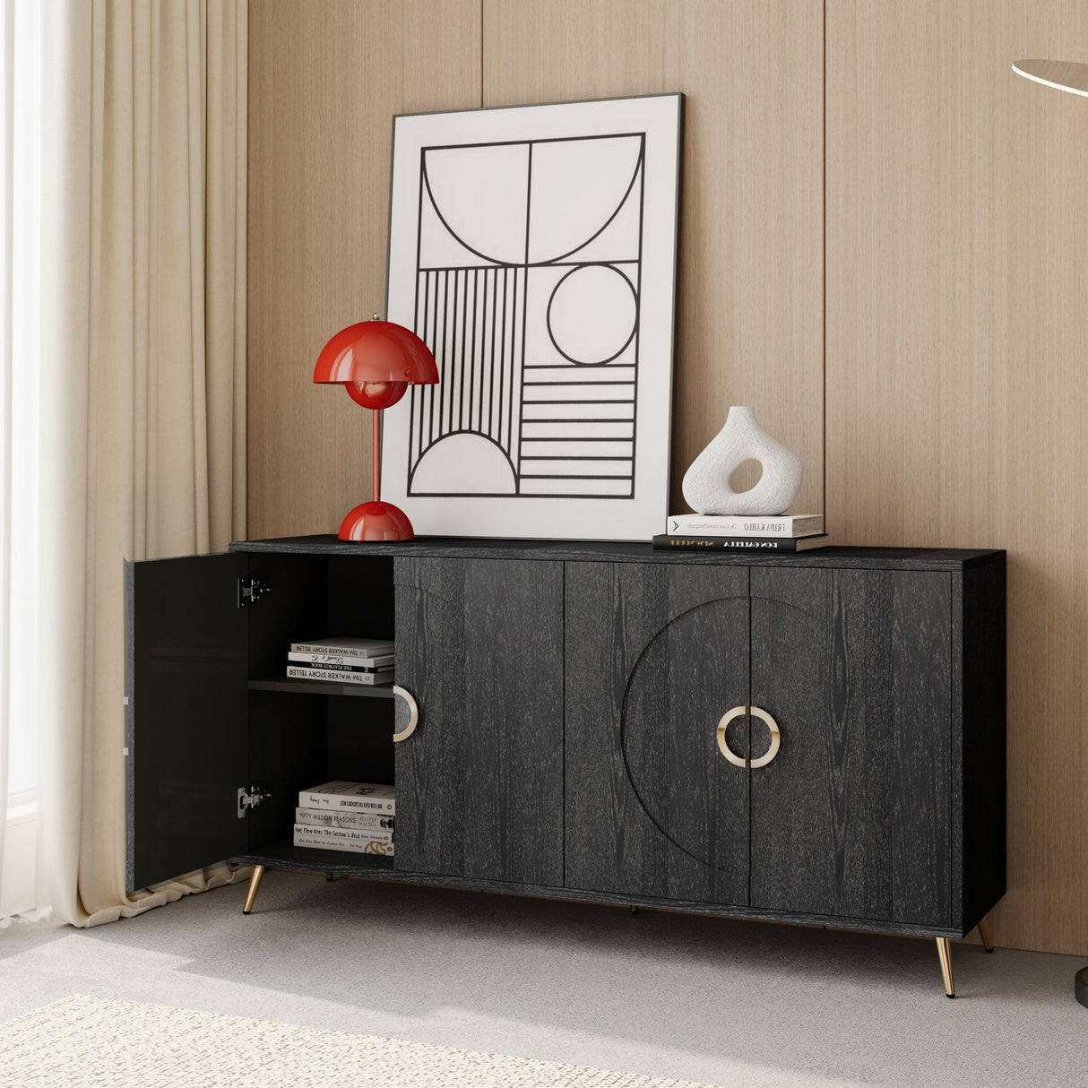Modern Sideboard Buffet Server Cabinet Lacquered Wood Storage 60x31in