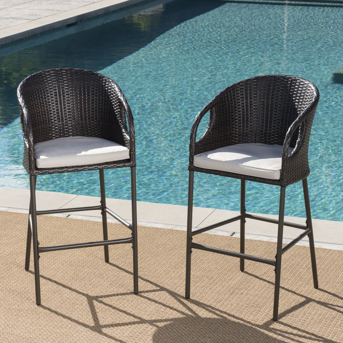 Outdoor 31" Rattan Barstools With Waterproof Cushions (Set of 2) - Multi Brown