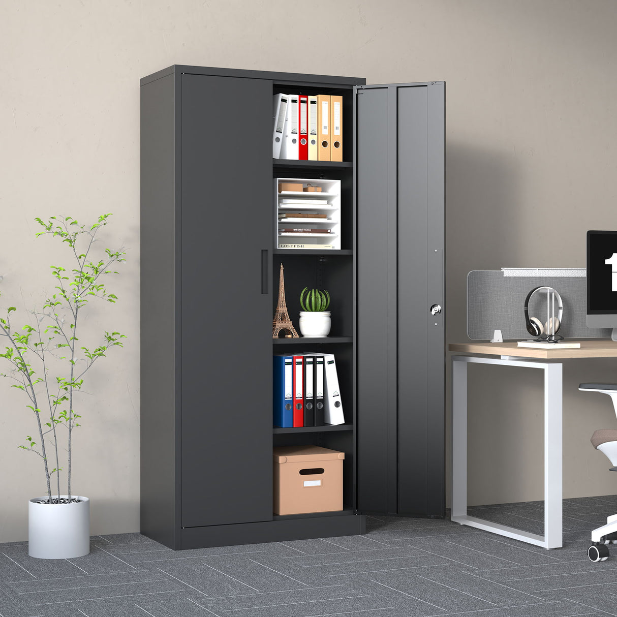 Heavy Metal Garage Storage Cabinet With Locking Doors, Steel, Adjustable Shelves