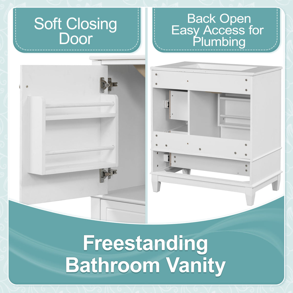 Freestanding Bathroom Vanity With Sink, Soft Close Door, 3 Drawers - White