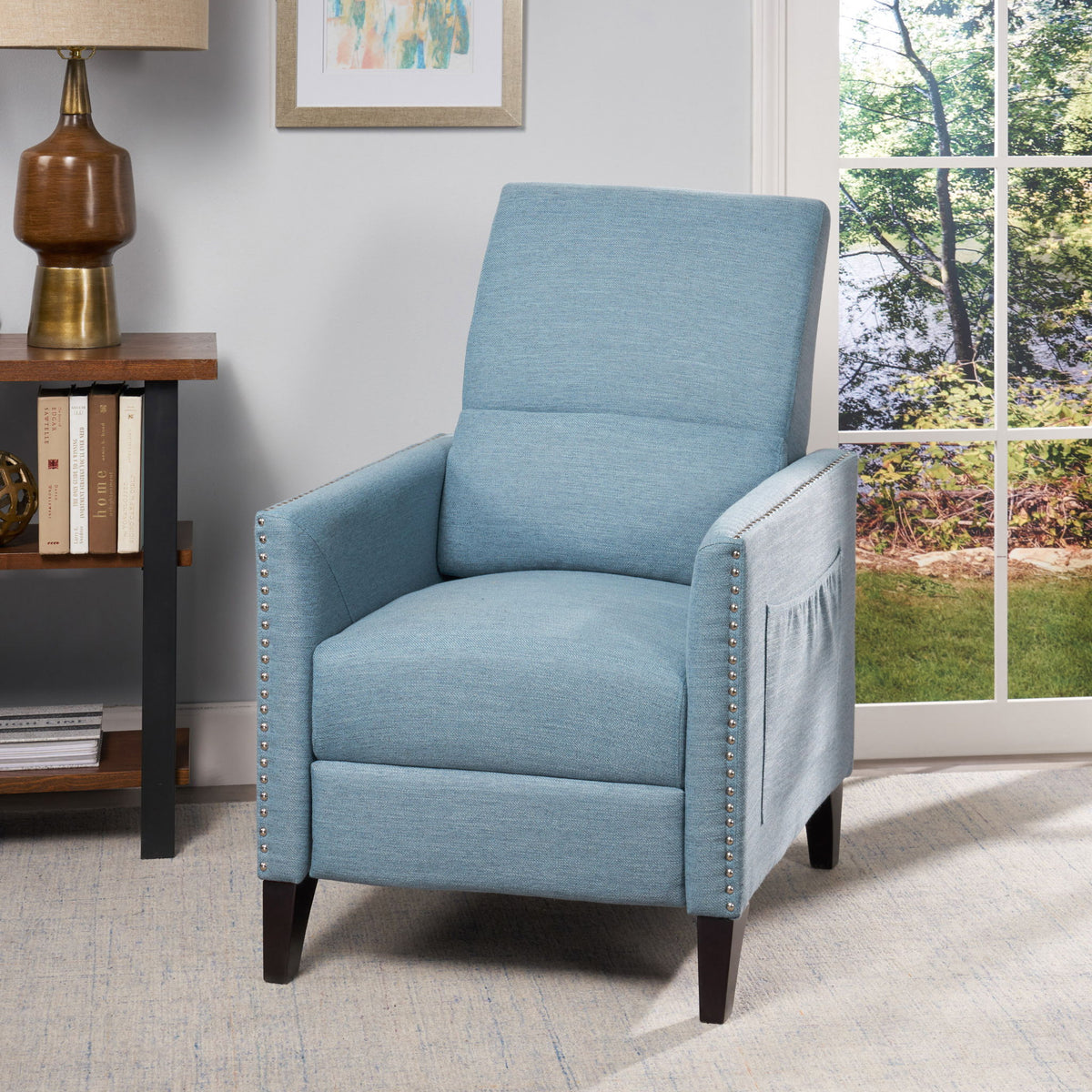 Repose Upholstered Recliner Chair With Nailhead Trim And Side Pocket - Light Blue