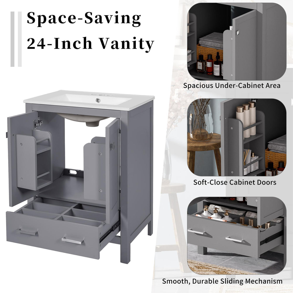 Bathroom Vanity With Integrated Undermount Ceramic Sink, 2 Doors And 1 Drawer, Soft Close Hinges