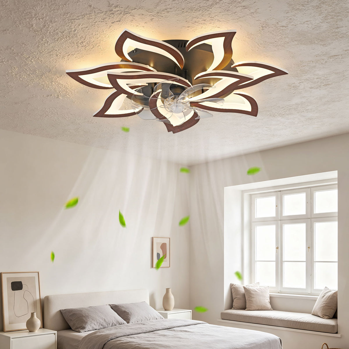 32" Flower Ceiling Fan With LED Dimmable Light, Low Profile Flush Mount Fan With Remote Control, 6 Speeds