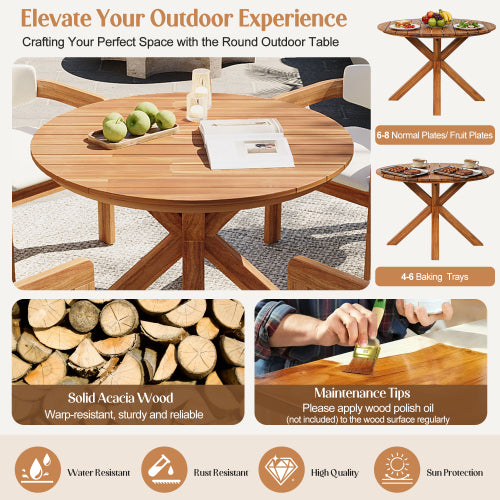 5-Piece Outdoor Acacia Wood Round Dining Set Beige Cushion