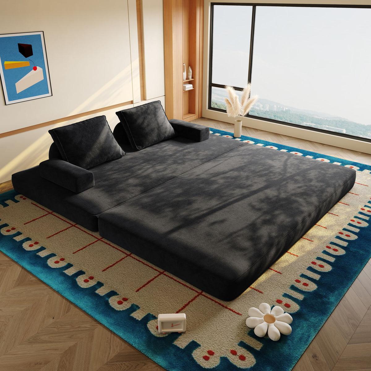 Multifunctional Convertible Sofa Bed With 2 Tumbler Backrests And 2 Pillows, Deep Seat Couch