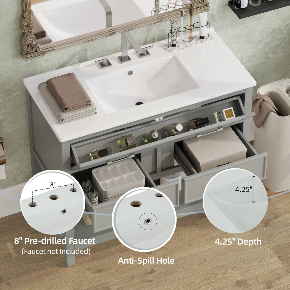Bathroom Vanity With Sink, Tip Out Tray & 2 Full Extension Drawers - Gray
