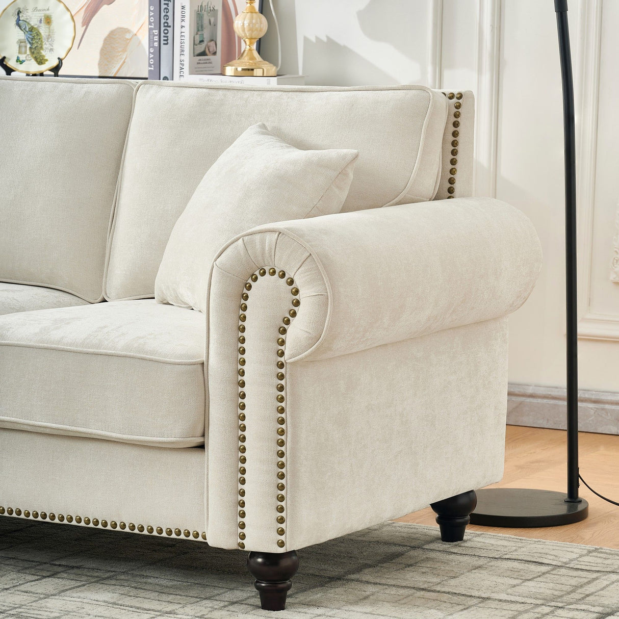 3 Seater Sofa With Tufted Upholstery, Rolled Arms, Nailhead Trim