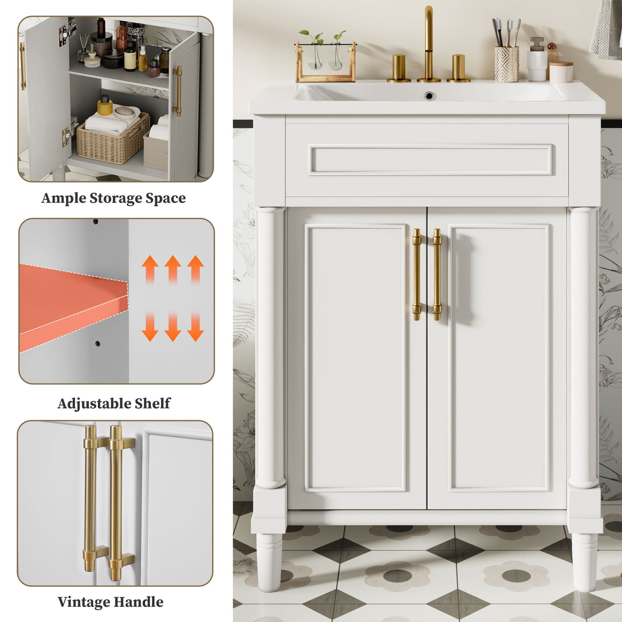 Bathroom Vanity With Integrated Sink, 2 Door Cabinet, Single Sink For Small To Medium Bathrooms