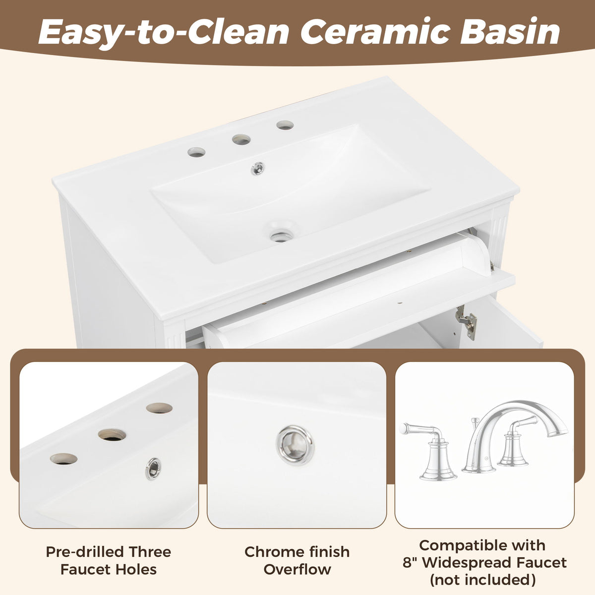 Freestanding Bathroom Vanity With Sink, Soft Close Door, Tip Out Drawer