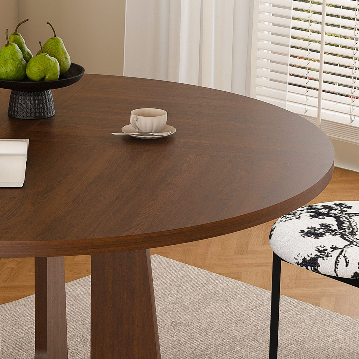 Round Dining Table For 4 With 4 Upholstered Chairs - Walnut / Black