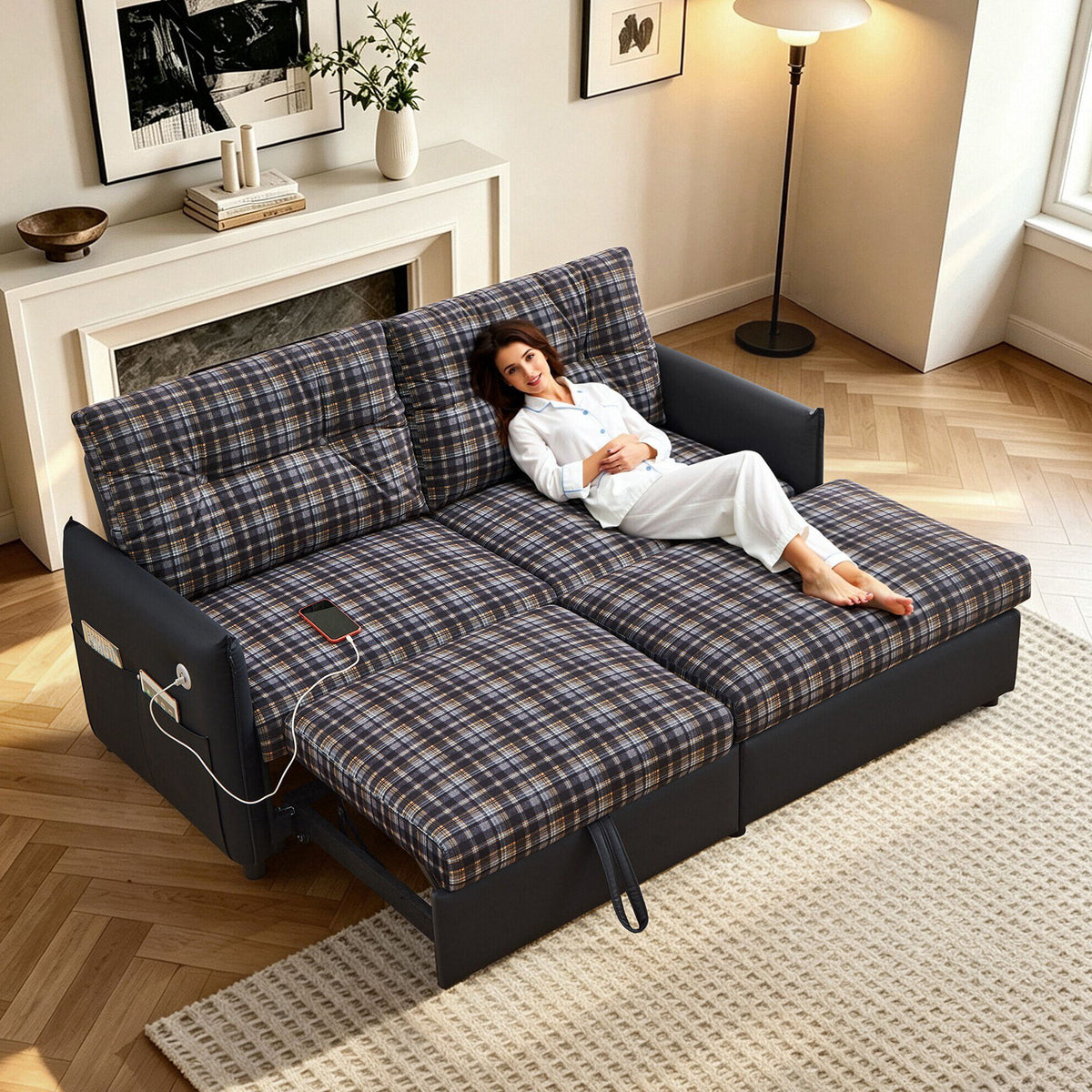 Sleeper Sofa, Expandable Sectional With Ottoman For Living Room - Black