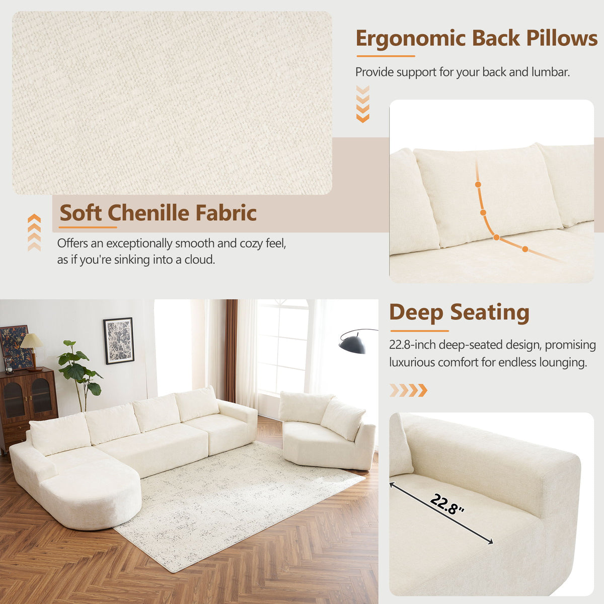 U-Shaped Oversized Modular Cloud Sectional Sofa With Deep Seat For Living Room