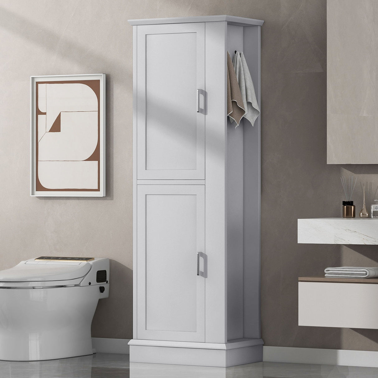 Tall Freestanding Bathroom Storage Cabinet With Adjustable Shelves And Side Hooks