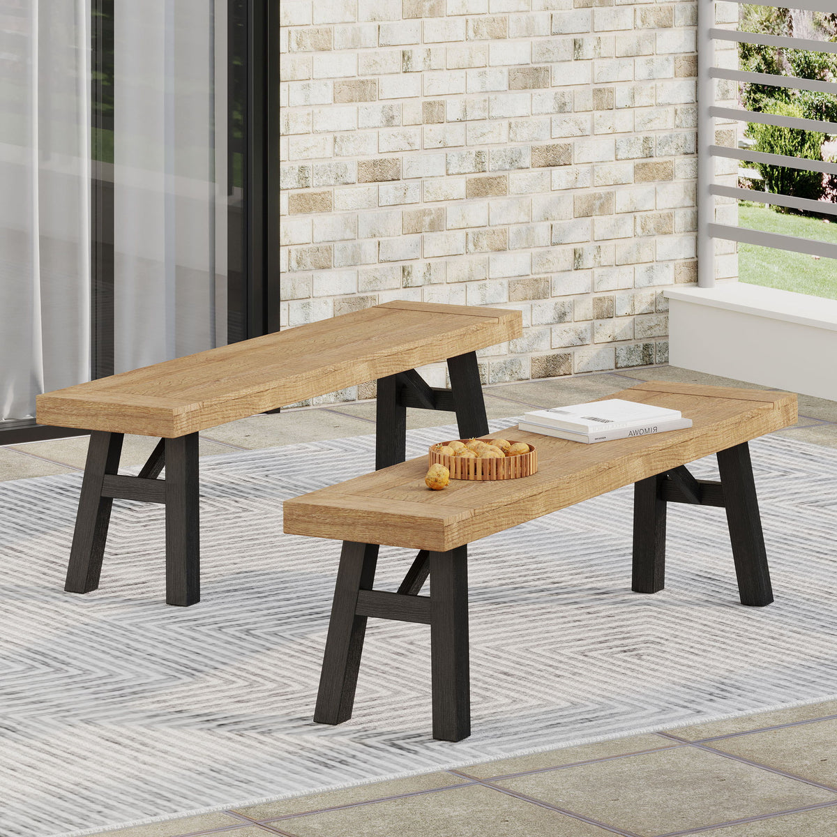 Outdoor Bench With Slat Panel Design And Acacia Wood Frame