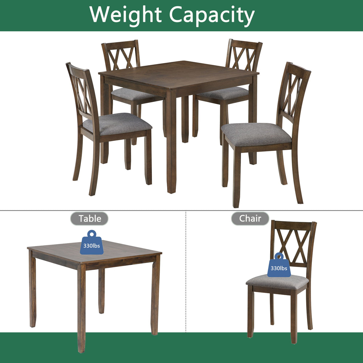 5 Piece Dining Table Set With 4 Chairs - Walnut