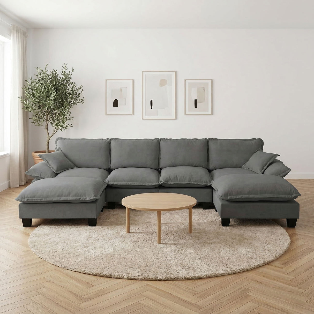 Modular Sectional Sofa With Movable Ottoman & Pillows