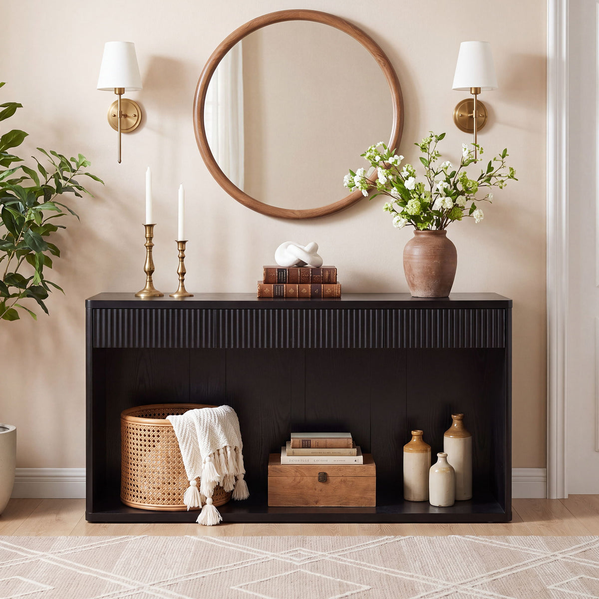 Fluted Console Table With 3 Drawers, Long Sofa Table Behind Couch For Living Room - Black