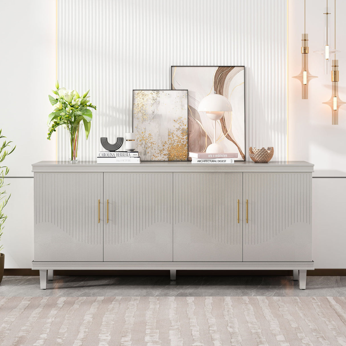 4 Door Cabinet With Adjustable Shelves, Large Storage For Living Room - Champagne