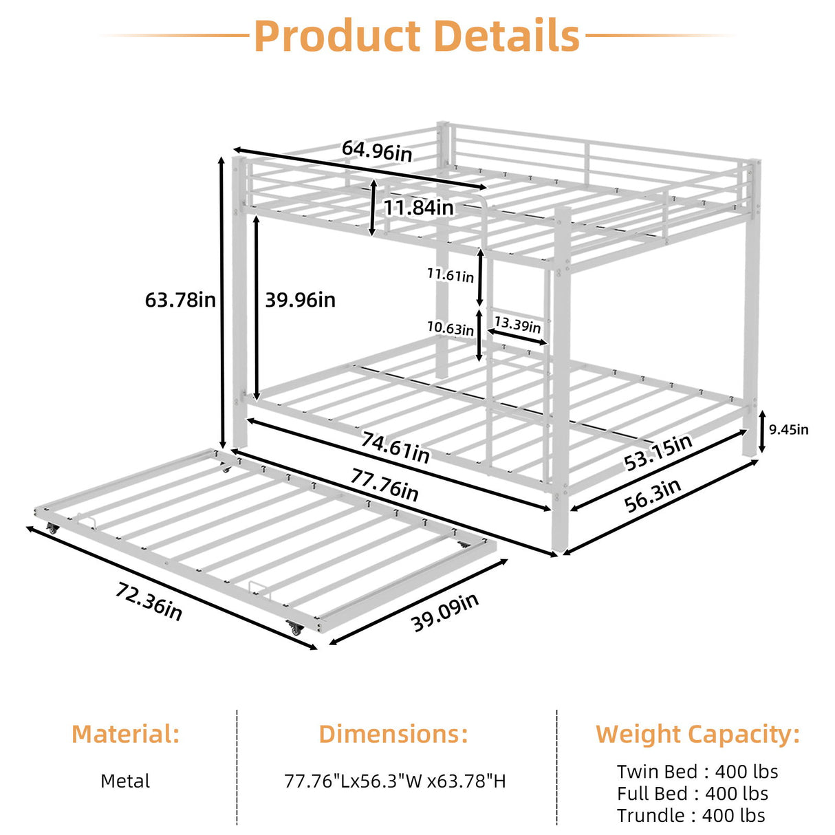 Bunk Bed For Kids, Convertible Frame With Ladders & Guardrail