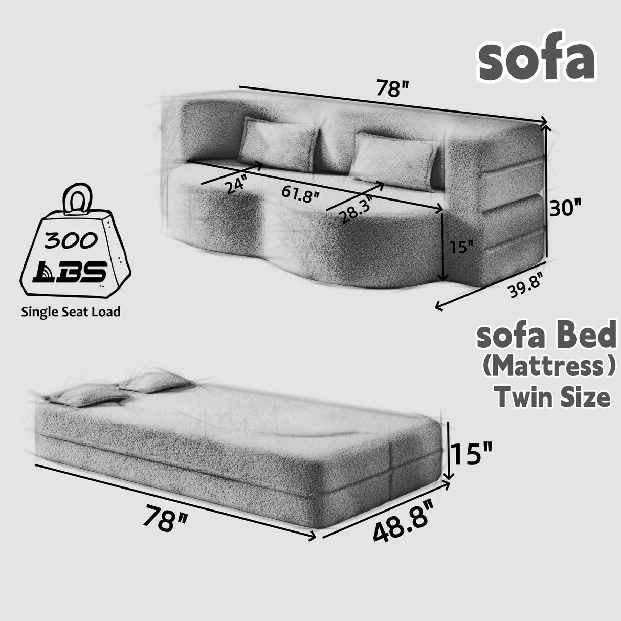 Floor Sofa With 2 Pillows, Convertible Twin Size Mattress For Living Room