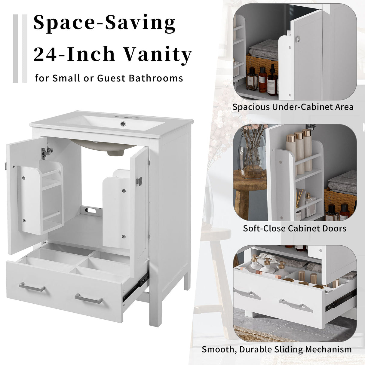 Bathroom Vanity With Integrated Undermount Ceramic Sink, 2 Doors And 1 Drawer, Soft Close Hinges